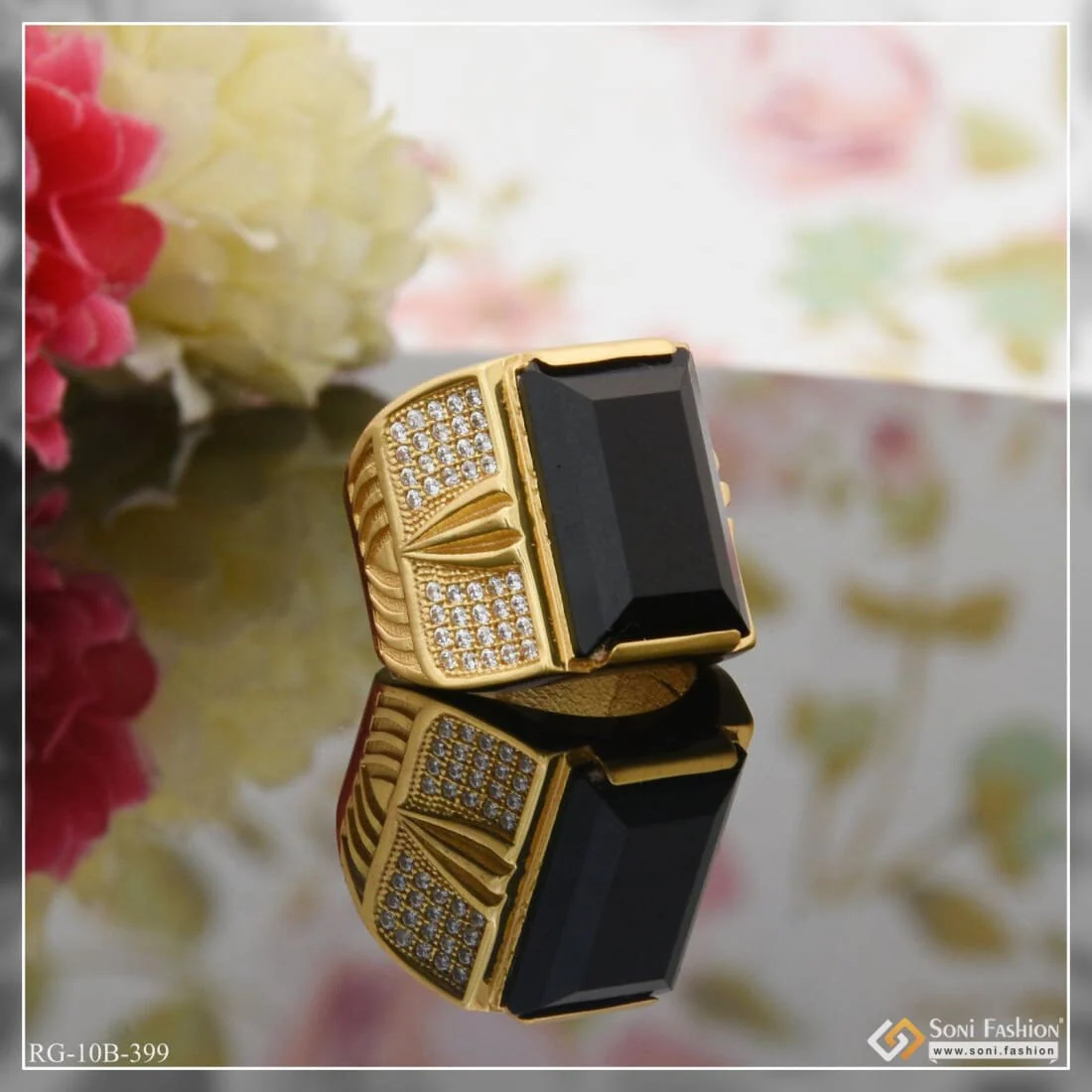 Black Stone with Diamond Artisanal Design Gold Plated Ring for Men - Style B399 - Image 3