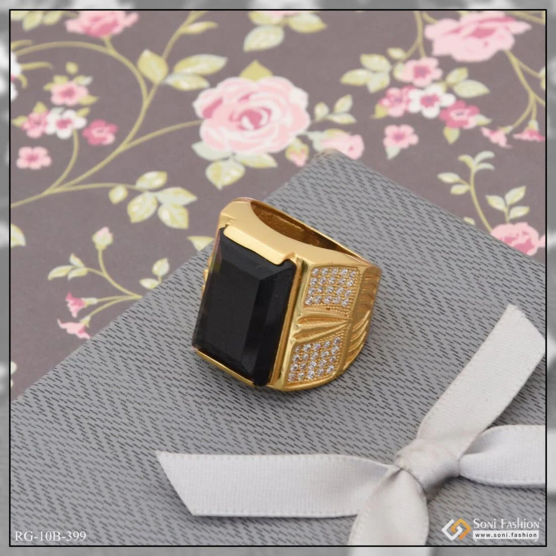 Black Stone with Diamond Artisanal Design Gold Plated Ring for Men - Style B399 - Image 6