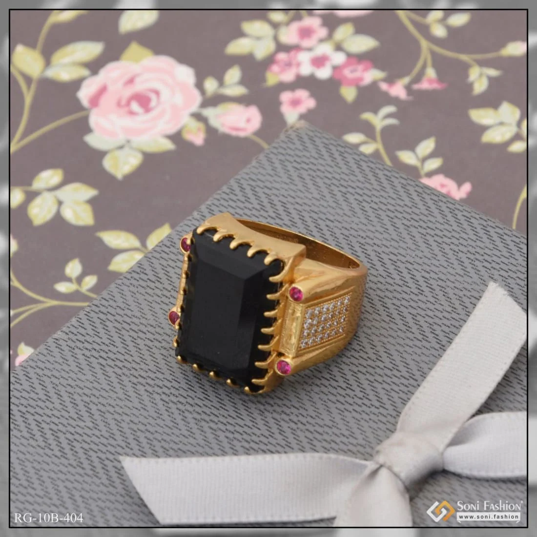 Black Stone with Diamond Gorgeous Design Gold Plated Ring for Men - Style B404 - Image 6