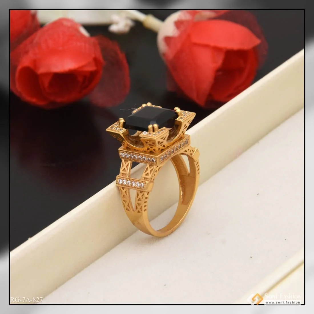 Black Stone Eiffel Tower Sophisticated Design Gold Plated Ring For Men - Style A827 - Image 3