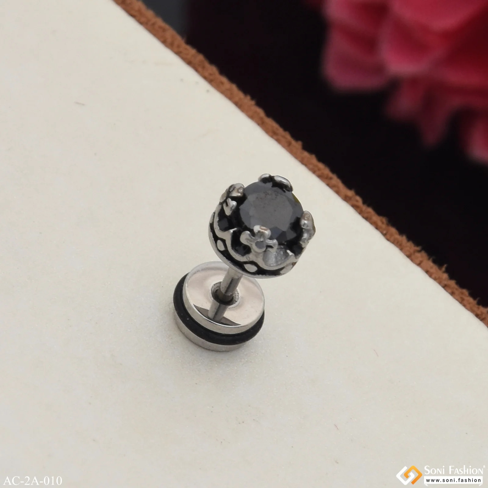 Black Stone Funky Design Surgical Steel Stud Earring for Men (1 Pc) - Style A010 - Image 4