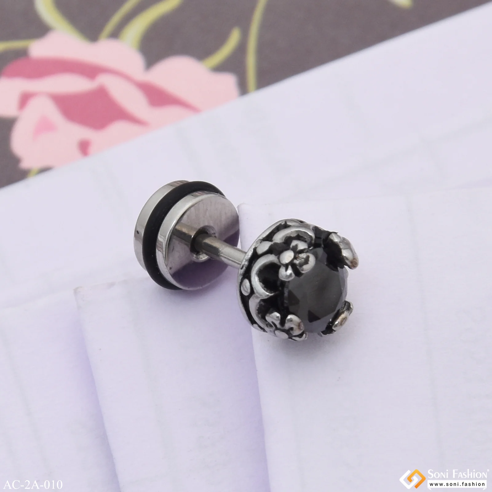 Black Stone Funky Design Surgical Steel Stud Earring for Men (1 Pc) - Style A010 - Image 5