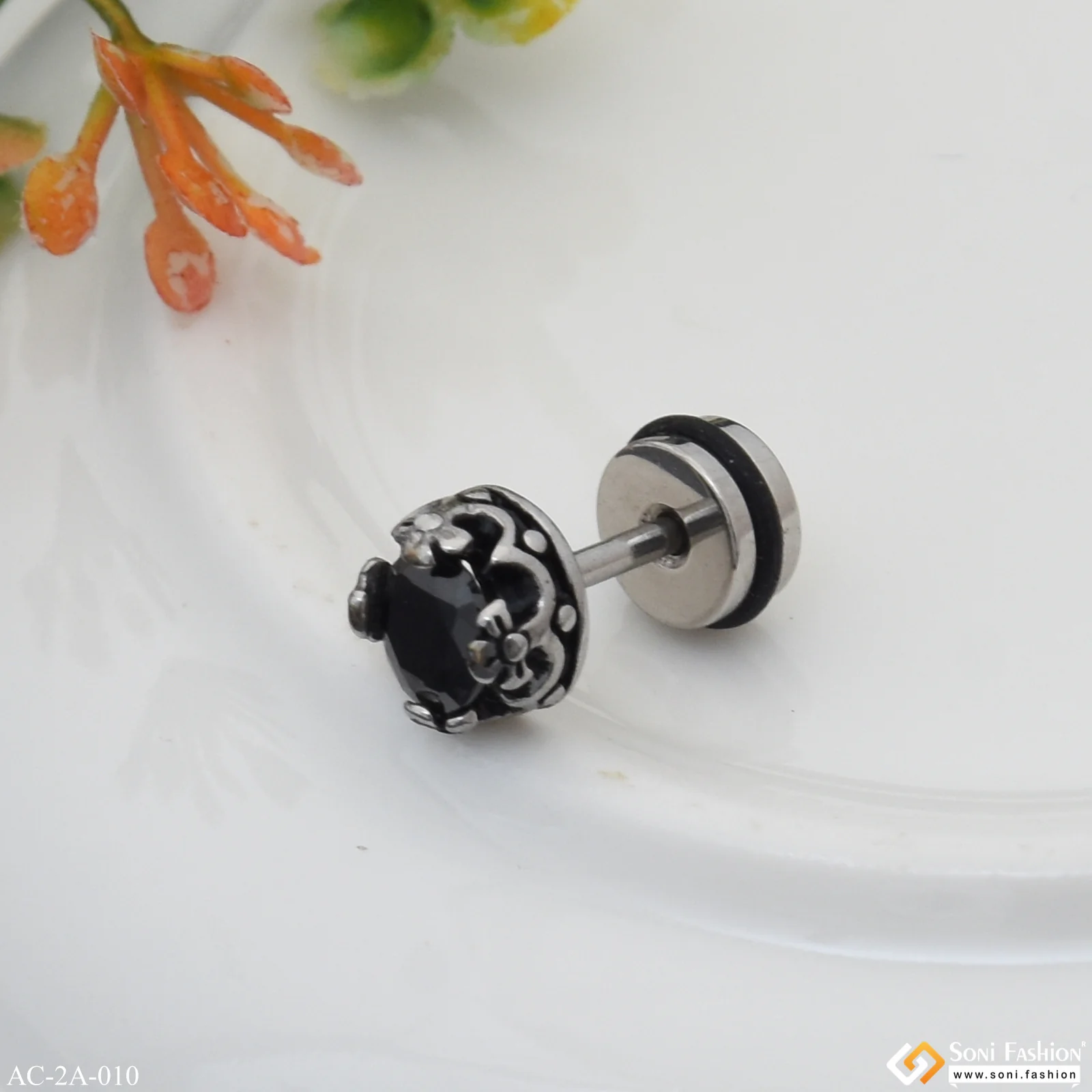 Black Stone Funky Design Surgical Steel Stud Earring for Men (1 Pc) - Style A010 - Image 6