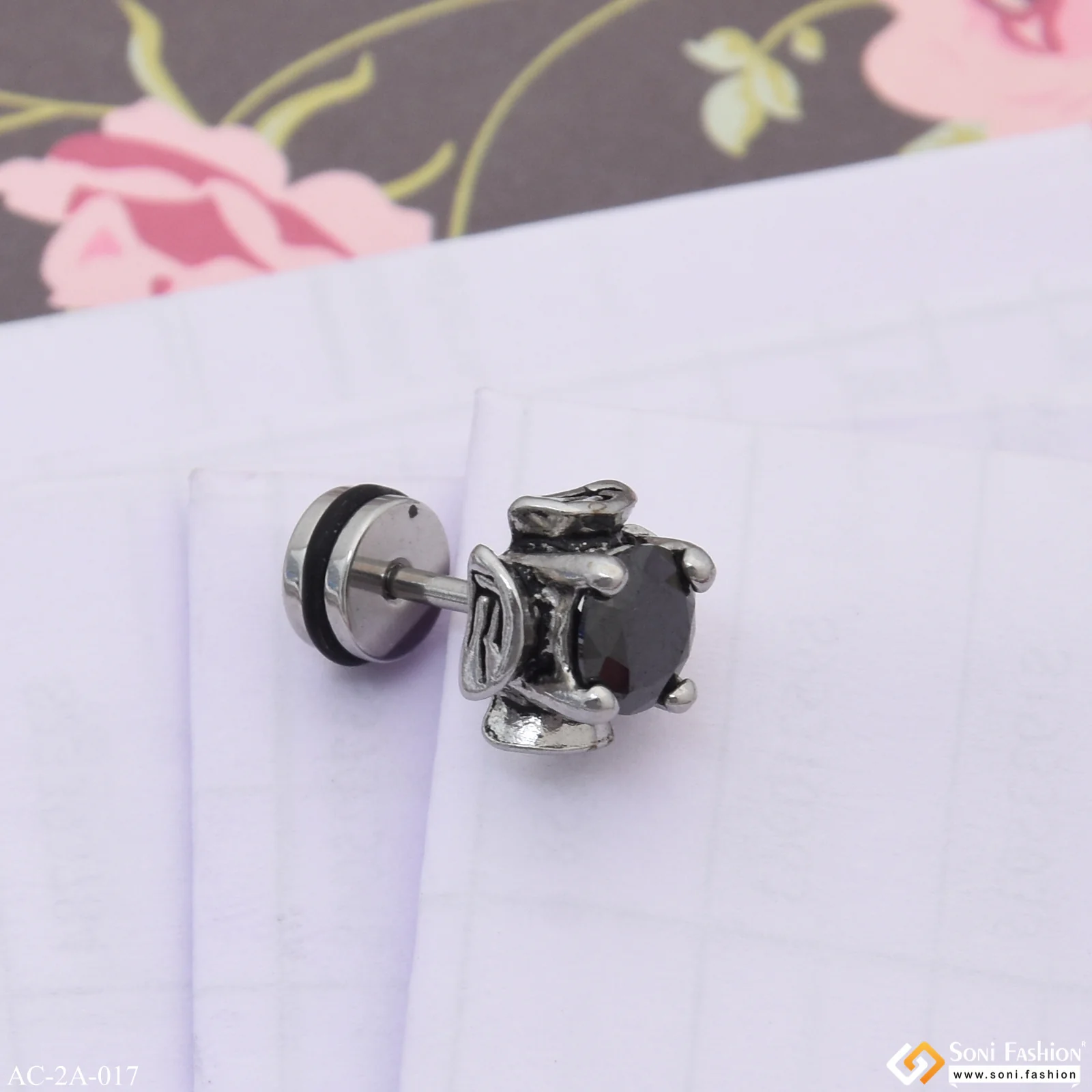 Black Stone Popular Design Surgical Steel Stud Earring for Men (1 Pc) - Style A017 - Image 5
