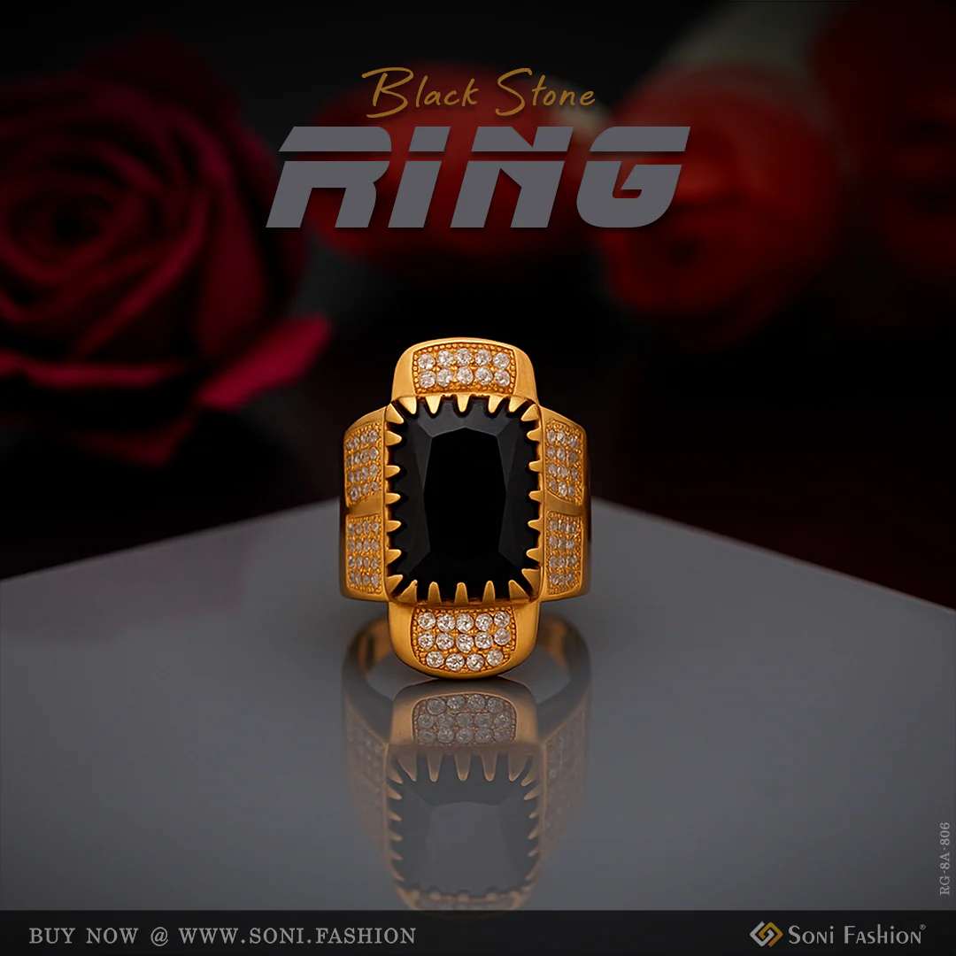 Black Stone With Diamond Delicate Design Gold Plated Ring For Men - Style A806