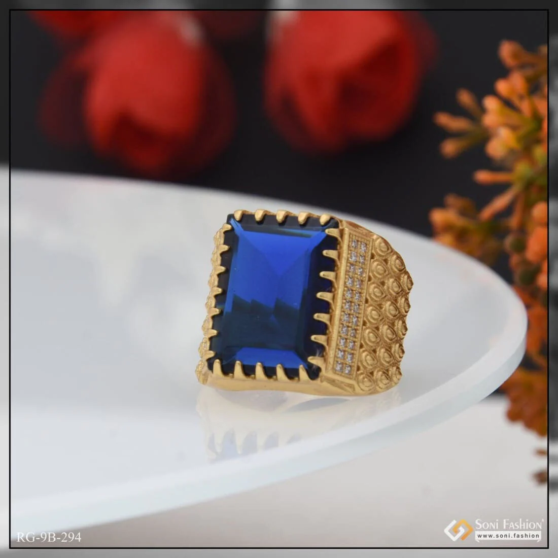 Blue Stone With Diamond Fashionable Design Gold Plated Ring For Men - Style B294 - Image 3