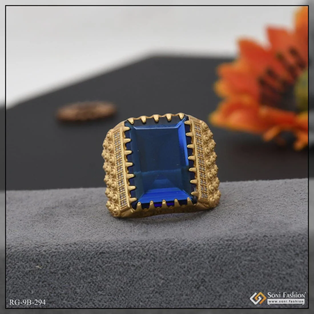 Blue Stone With Diamond Fashionable Design Gold Plated Ring For Men - Style B294 - Image 6