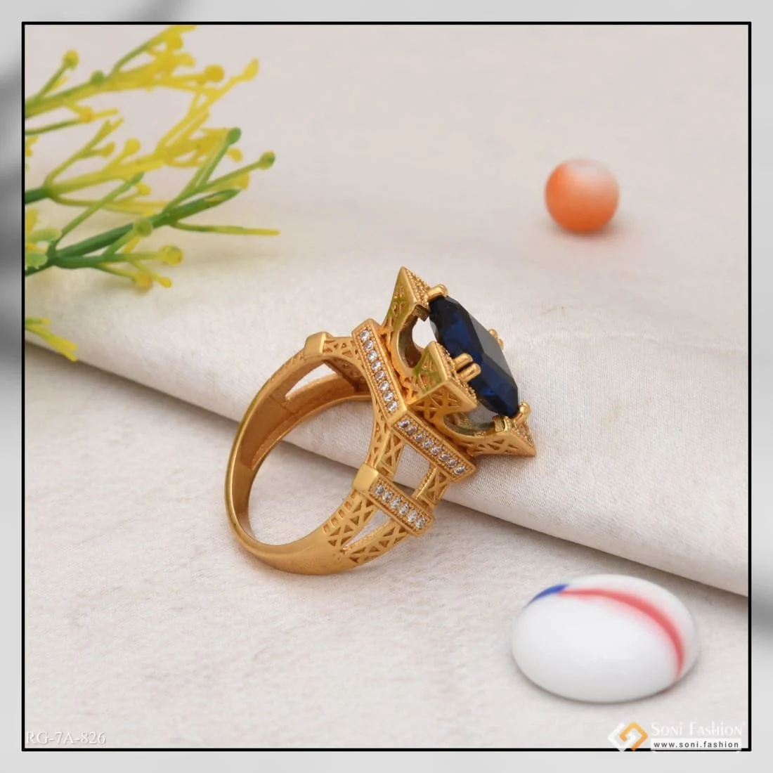 Blue Stone Eiffel Tower Stylish Design Best Quality Gold Plated Ring - Style A826 - Image 4