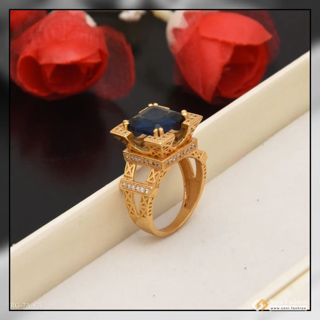 Blue Stone Eiffel Tower Stylish Design Best Quality Gold Plated Ring - Style A826 - Image 5