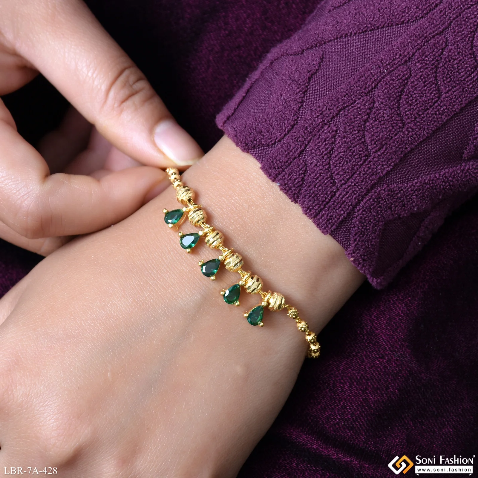 Brass Beaded With Green Diamond Gold Plated Bracelet for Ladies - Style A428