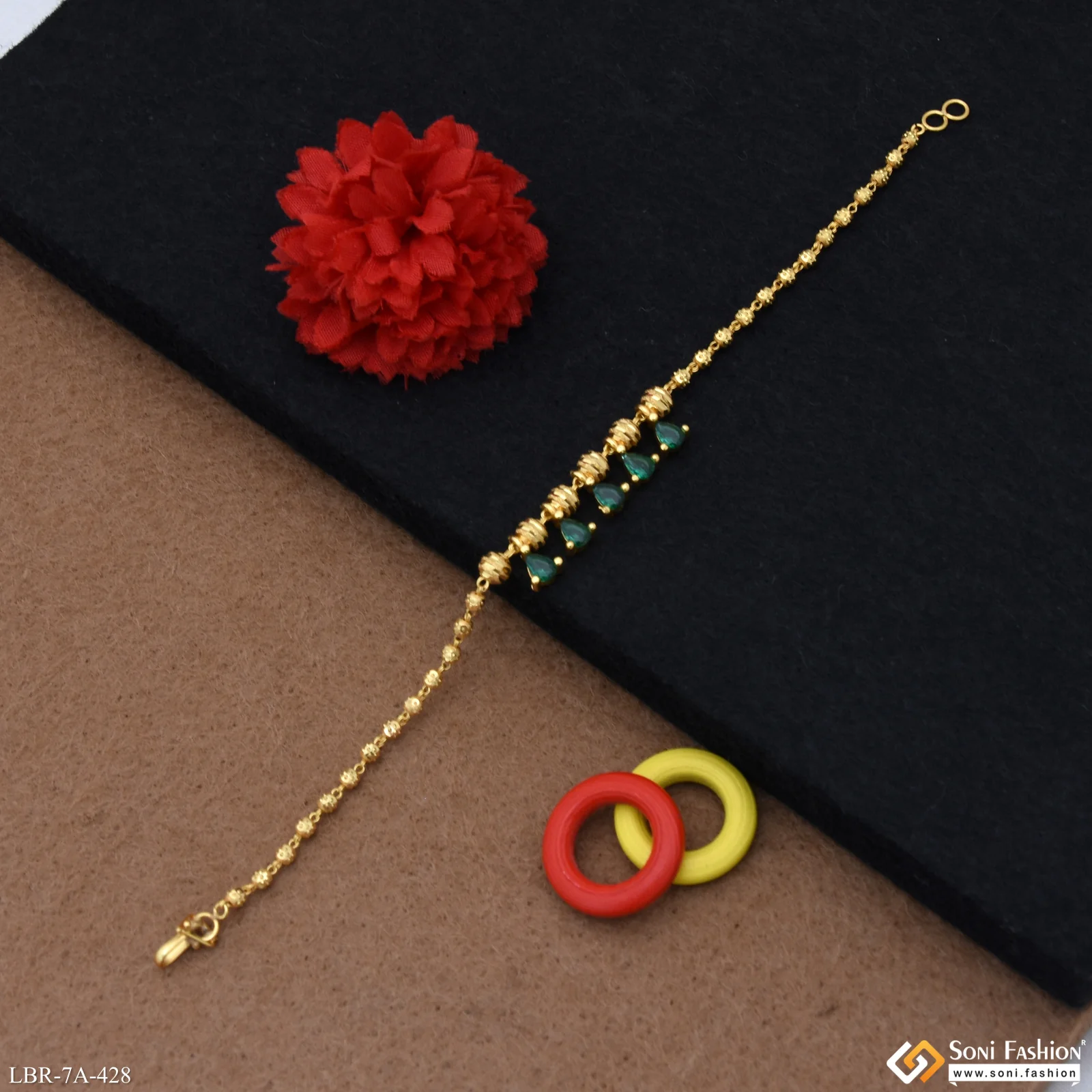 Brass Beaded With Green Diamond Gold Plated Bracelet for Ladies - Style A428 - Image 2