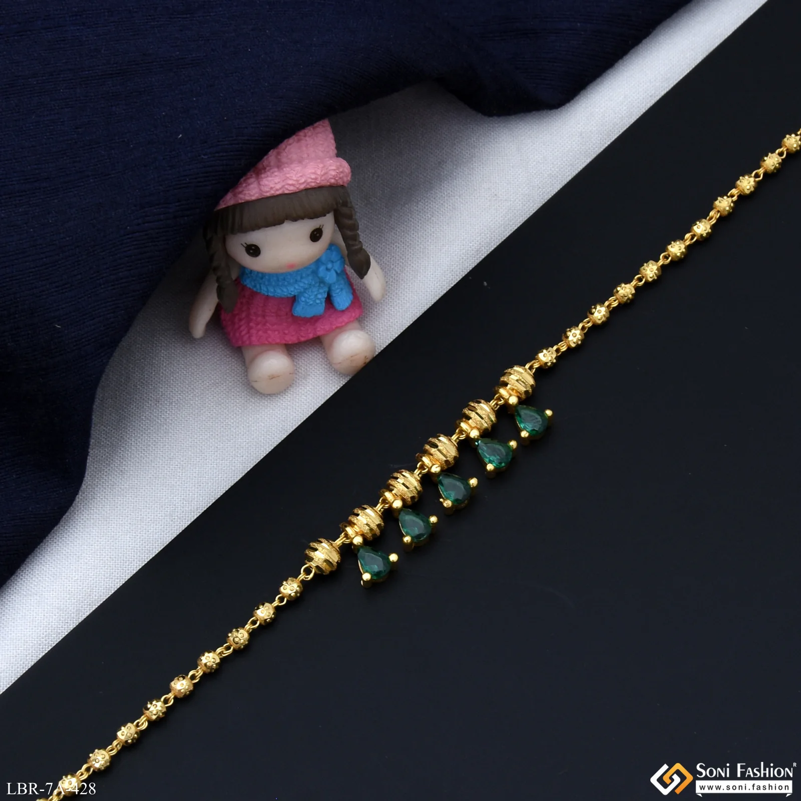 Brass Beaded With Green Diamond Gold Plated Bracelet for Ladies - Style A428 - Image 5