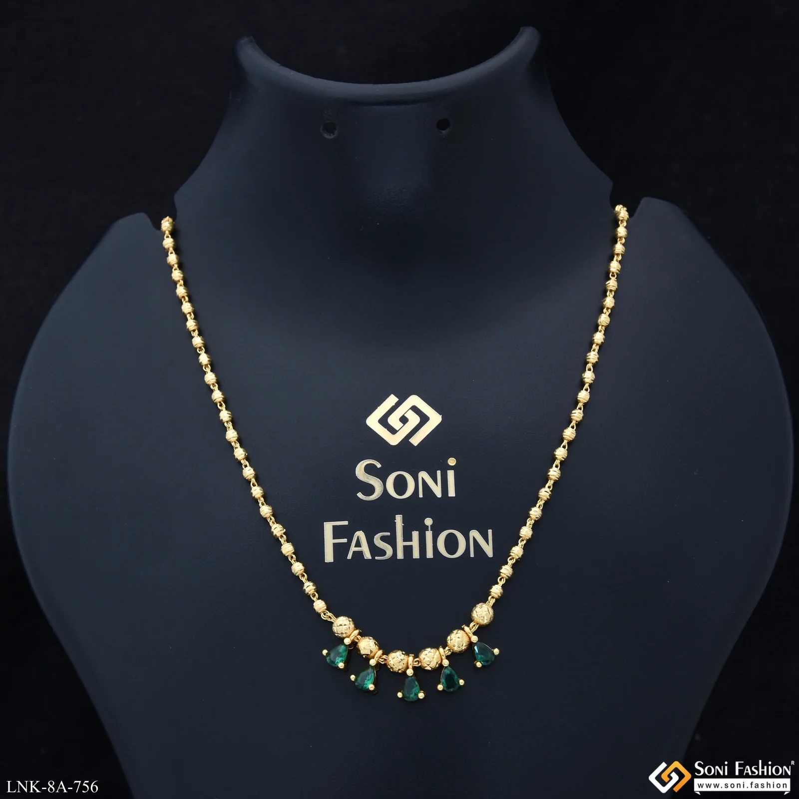 Brass Beaded With Green Diamond Gold Plated Necklace for Ladies - Style A756