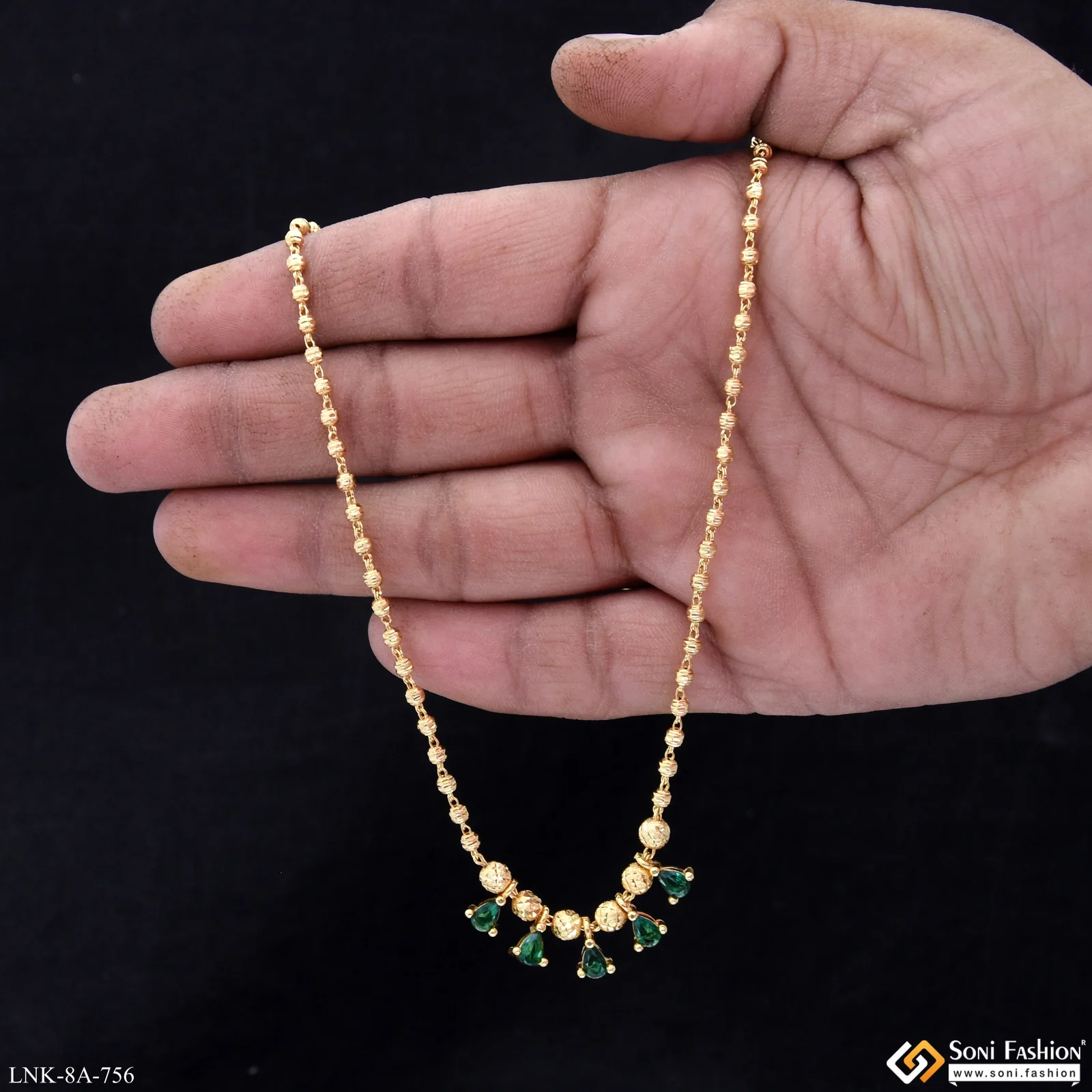 Brass Beaded With Green Diamond Gold Plated Necklace for Ladies - Style A756 - Image 2