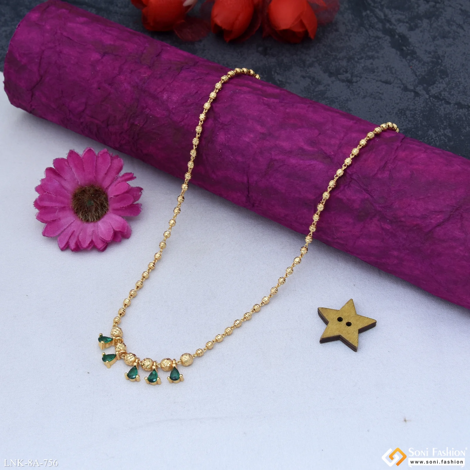 Brass Beaded With Green Diamond Gold Plated Necklace for Ladies - Style A756 - Image 3