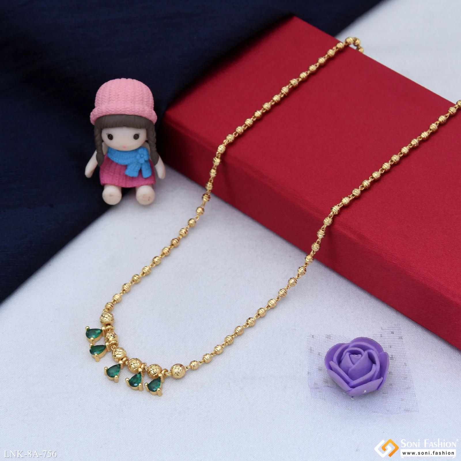 Brass Beaded With Green Diamond Gold Plated Necklace for Ladies - Style A756 - Image 5