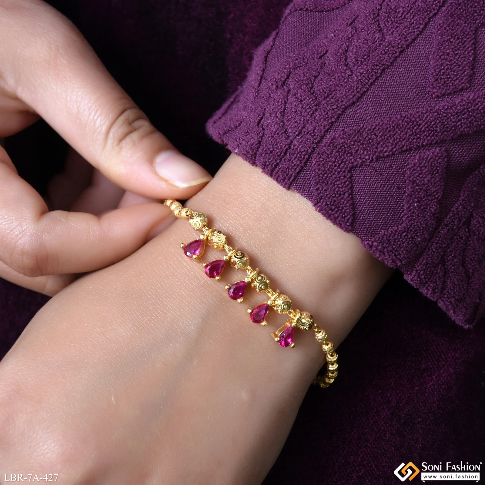Brass Beaded With Pink Diamond Gold Plated Bracelet for Ladies - Style A427