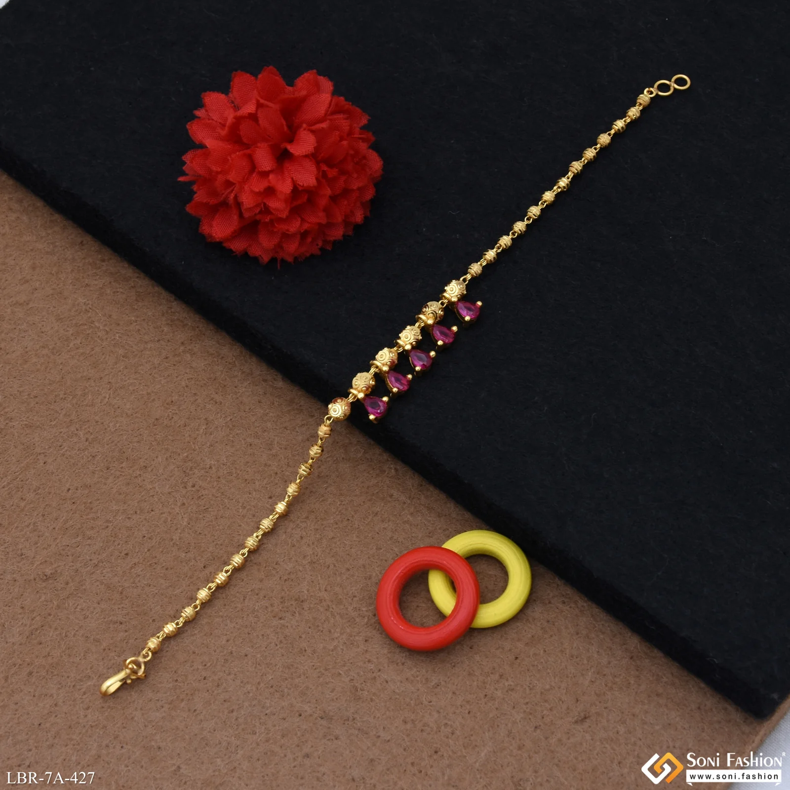 Brass Beaded With Pink Diamond Gold Plated Bracelet for Ladies - Style A427 - Image 2