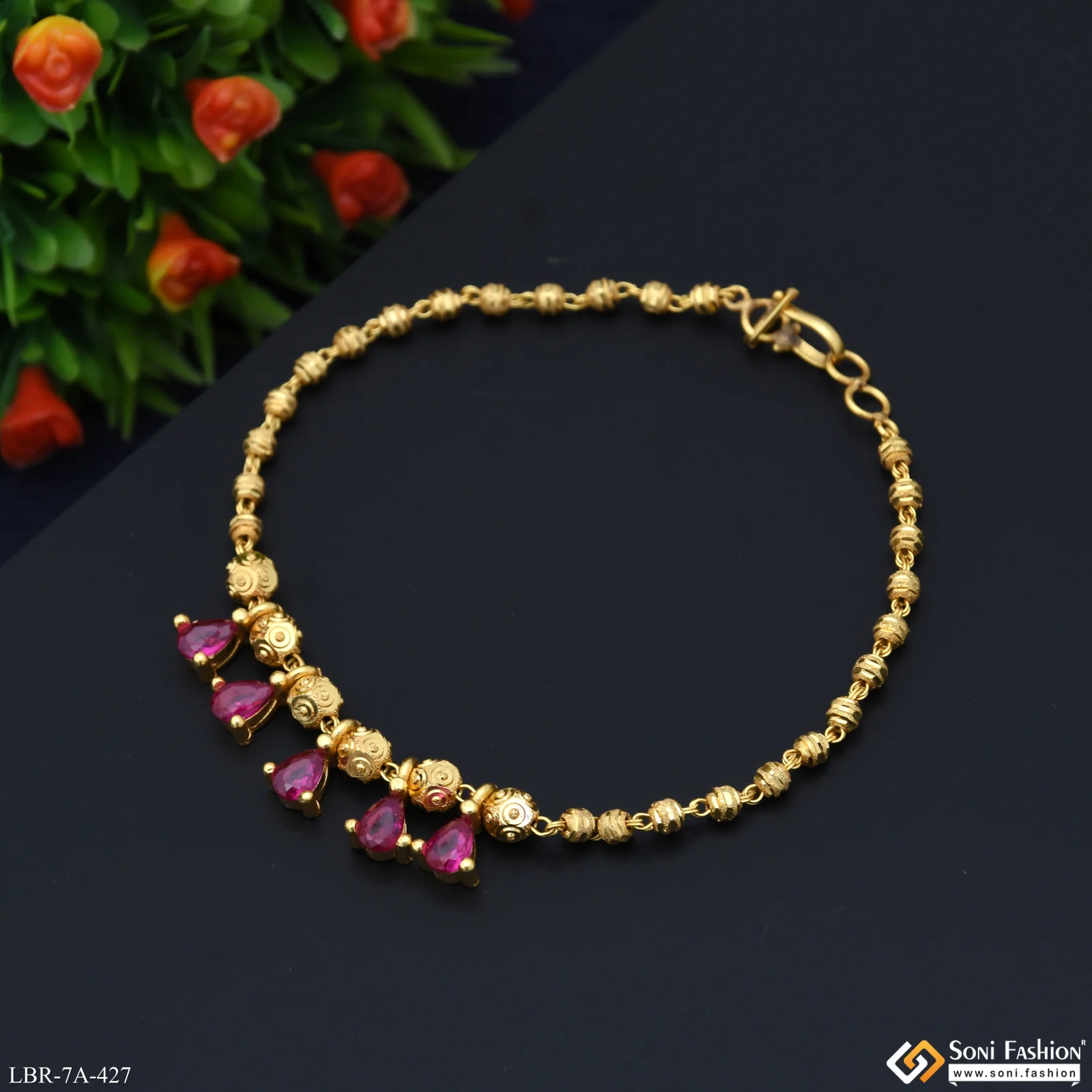 Brass Beaded With Pink Diamond Gold Plated Bracelet for Ladies - Style A427 - Image 3