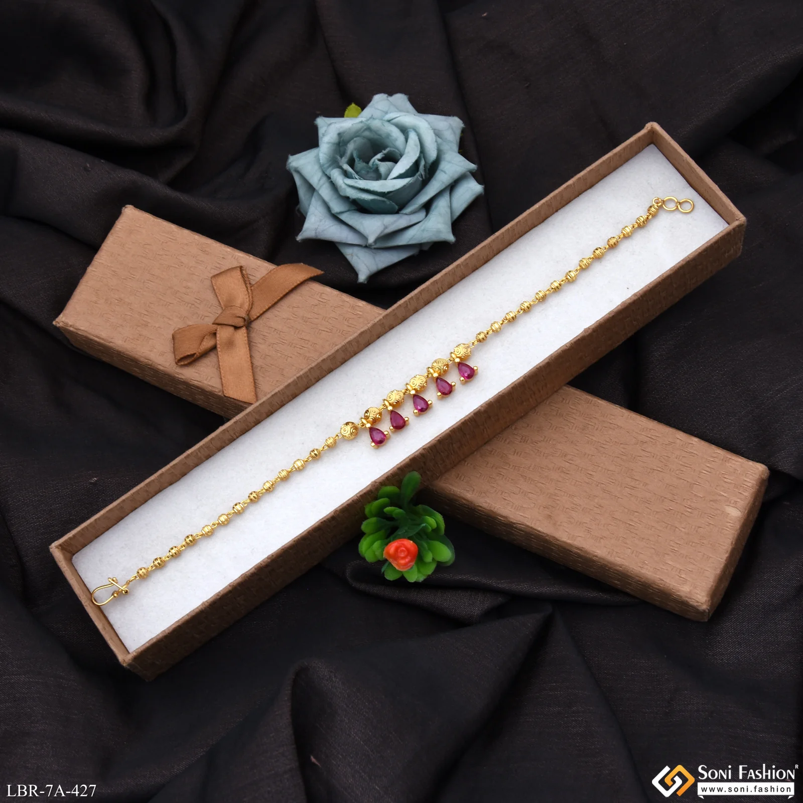 Brass Beaded With Pink Diamond Gold Plated Bracelet for Ladies - Style A427 - Image 4