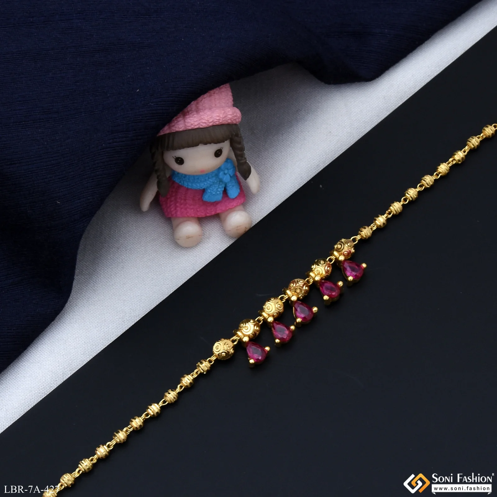 Brass Beaded With Pink Diamond Gold Plated Bracelet for Ladies - Style A427 - Image 5