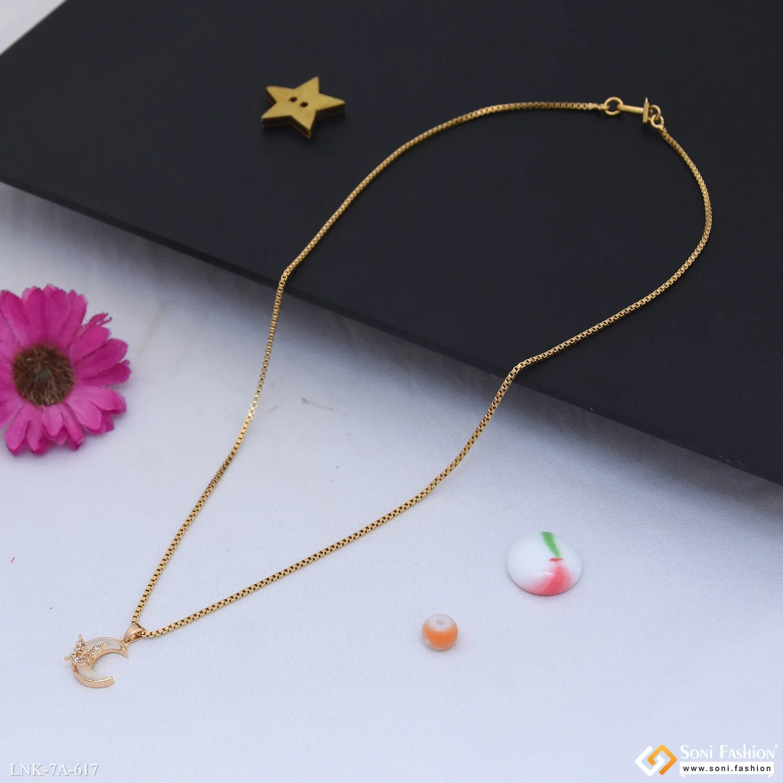 Butterfly On Half Moon Gold Plated Chain Pendant For Ladies - Style A617 - Image 3