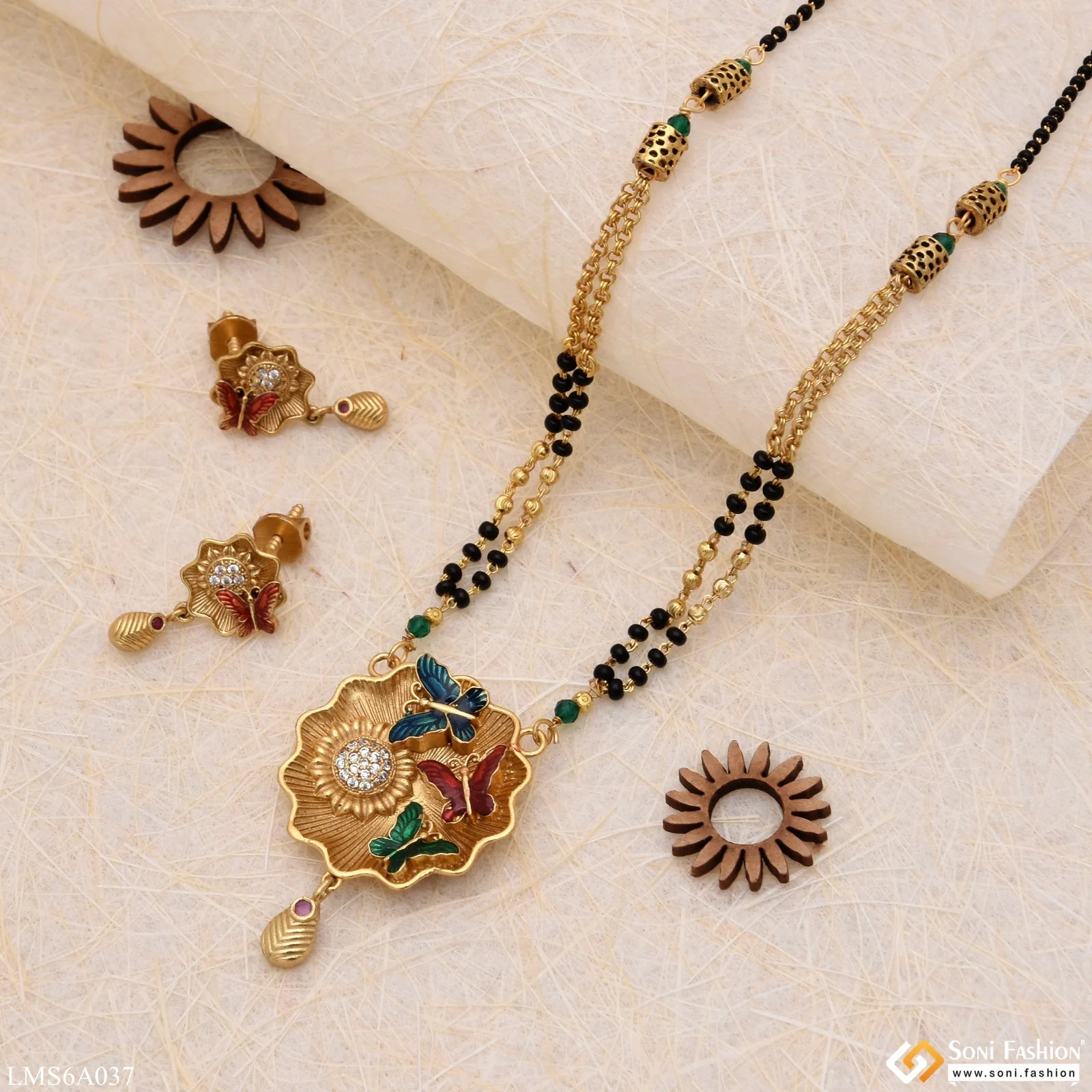 Butterfly With Diamond Attention-getting Design Gold Plated Mangalsutra Set - Style Lmsa037 - Image 4