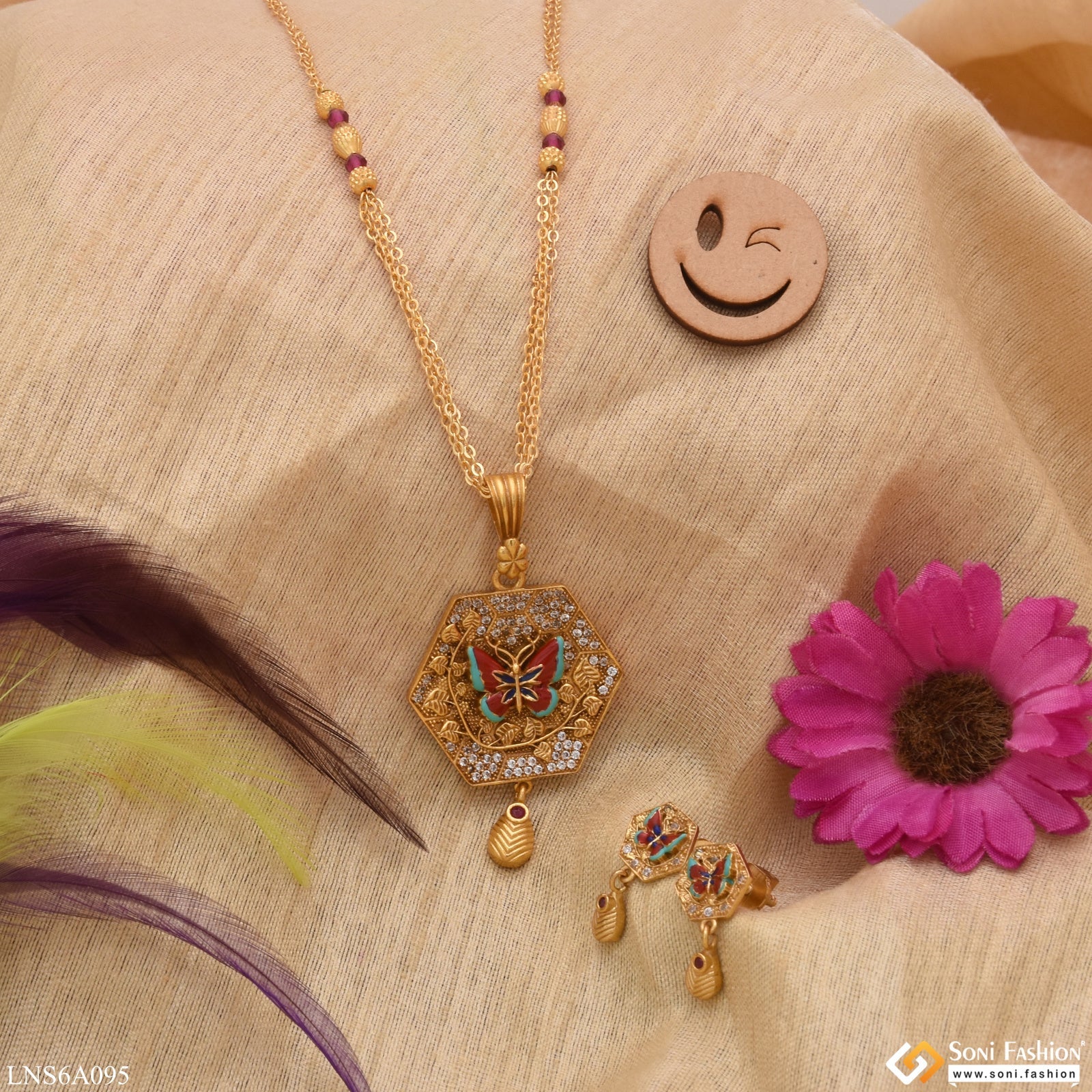 Butterfly With Diamond Designer Golden Color Necklace Set For Lady - Style Lnsa095 - Image 3
