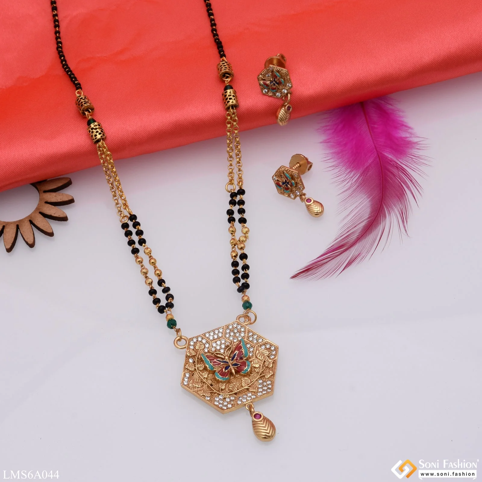 Butterfly With Diamond Sparkling Design Gold Plated Mangalsutra Set - Style Lmsa044 - Image 3