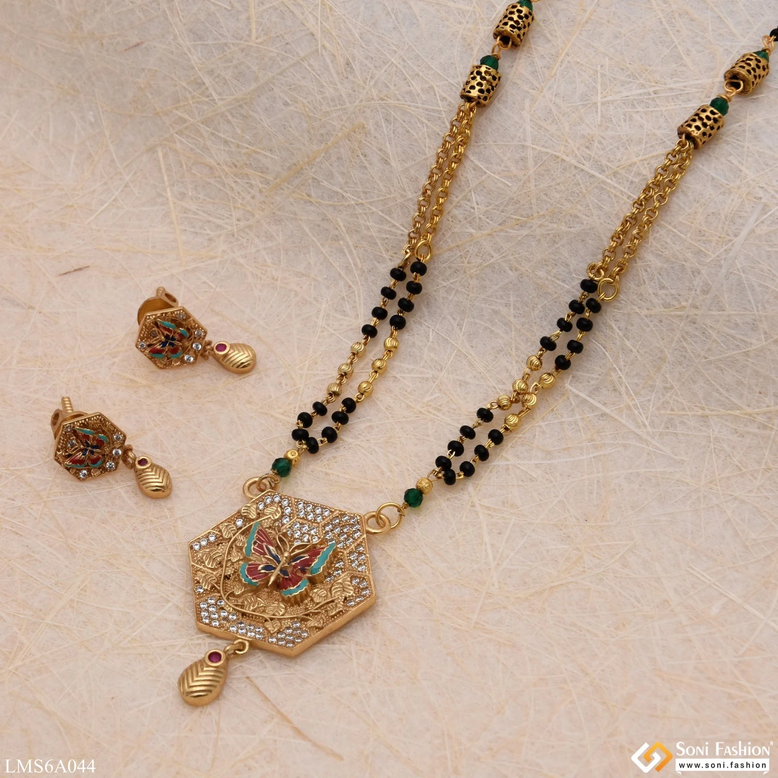 Butterfly With Diamond Sparkling Design Gold Plated Mangalsutra Set - Style Lmsa044 - Image 4