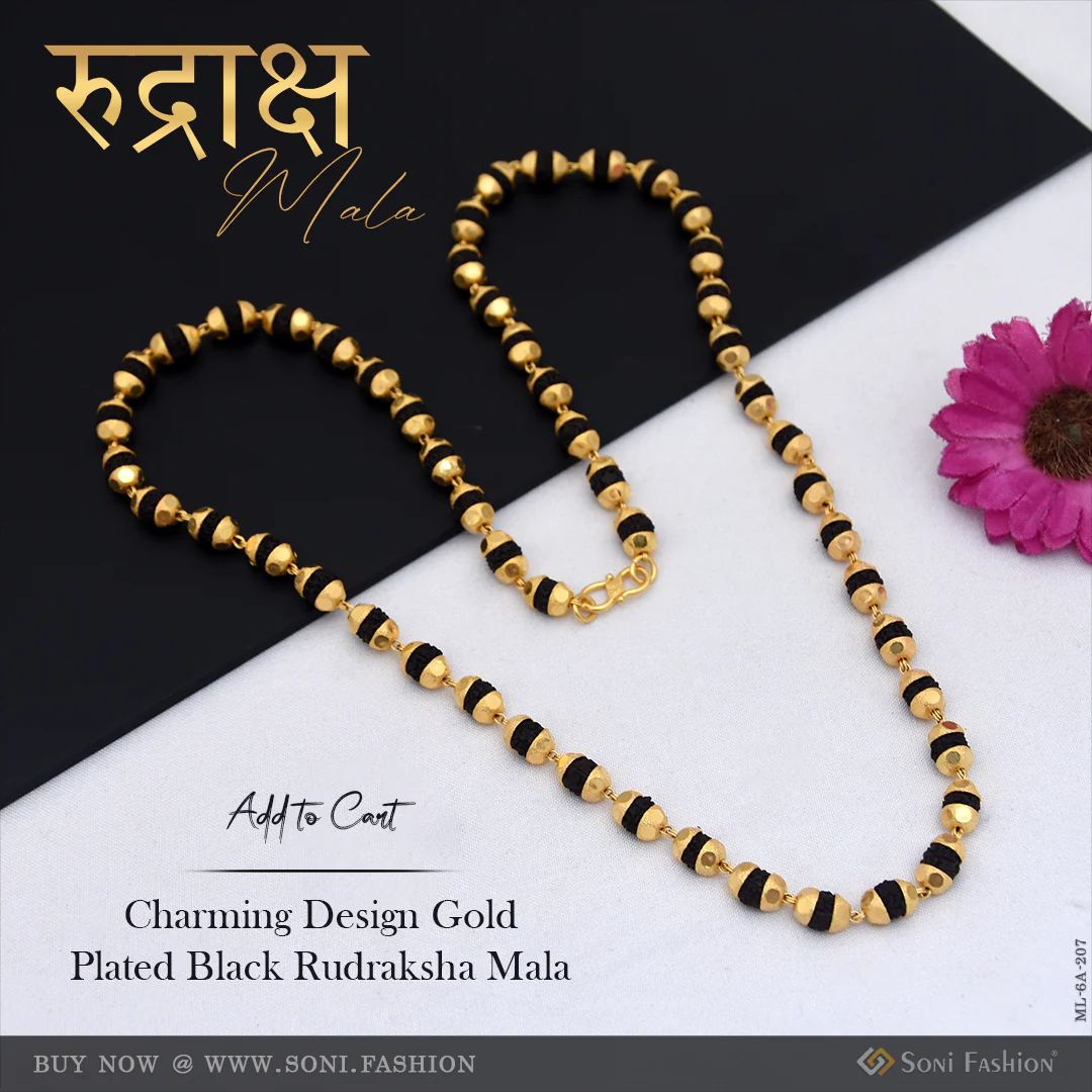 Charming Design Gold Plated Black Rudraksha Mala for Men - Style A207