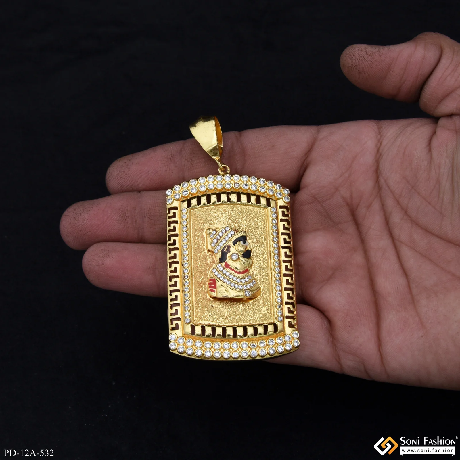 Chatrapati Shivaji Maharaj In Attractive Background Diamonds Gold Plated Pendant - Style A532 - Image 2