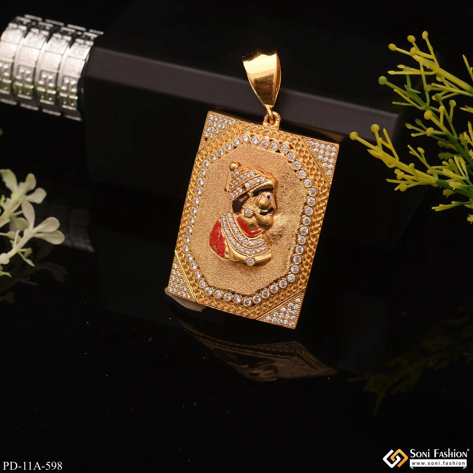 Chatrapati Shivaji Maharaj In Rectangle Diamond Background Gold Plated Pendant - Style A598 - Image 2