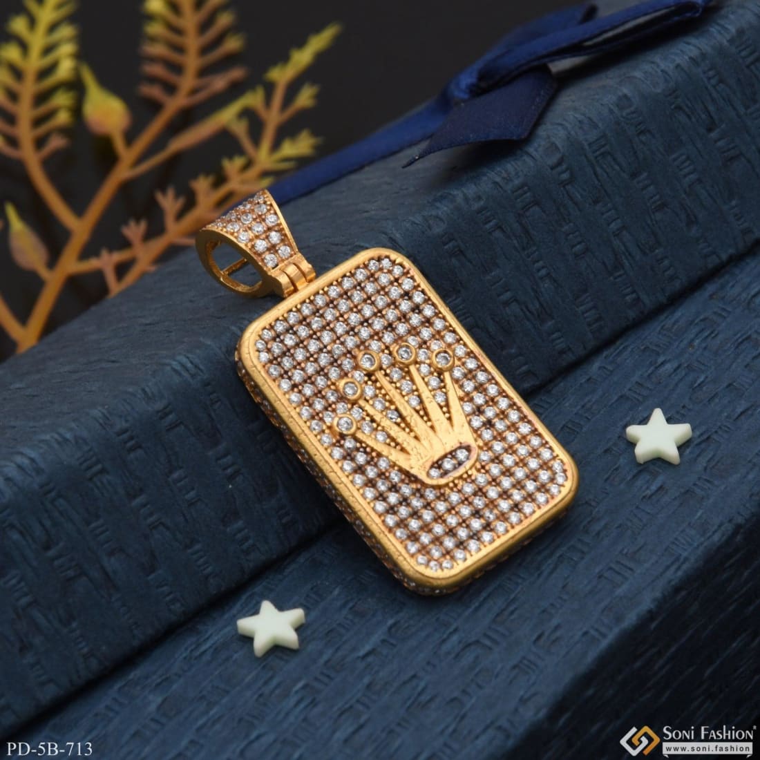Crown With Diamond Finely Detailed Design Gold Plated Pendant For Men - Style B713 - Image 3