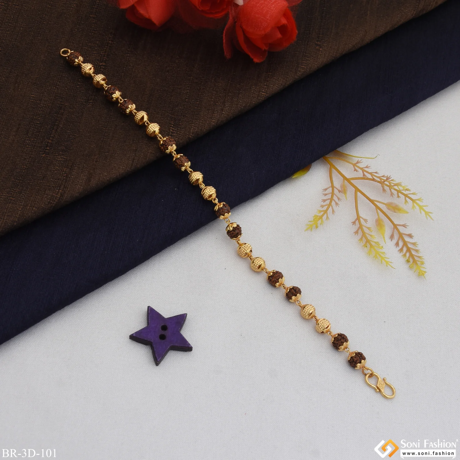 Delicate Design Antique Design Gold Plated Rudraksha Bracelet for Men - Style D101 - Image 5