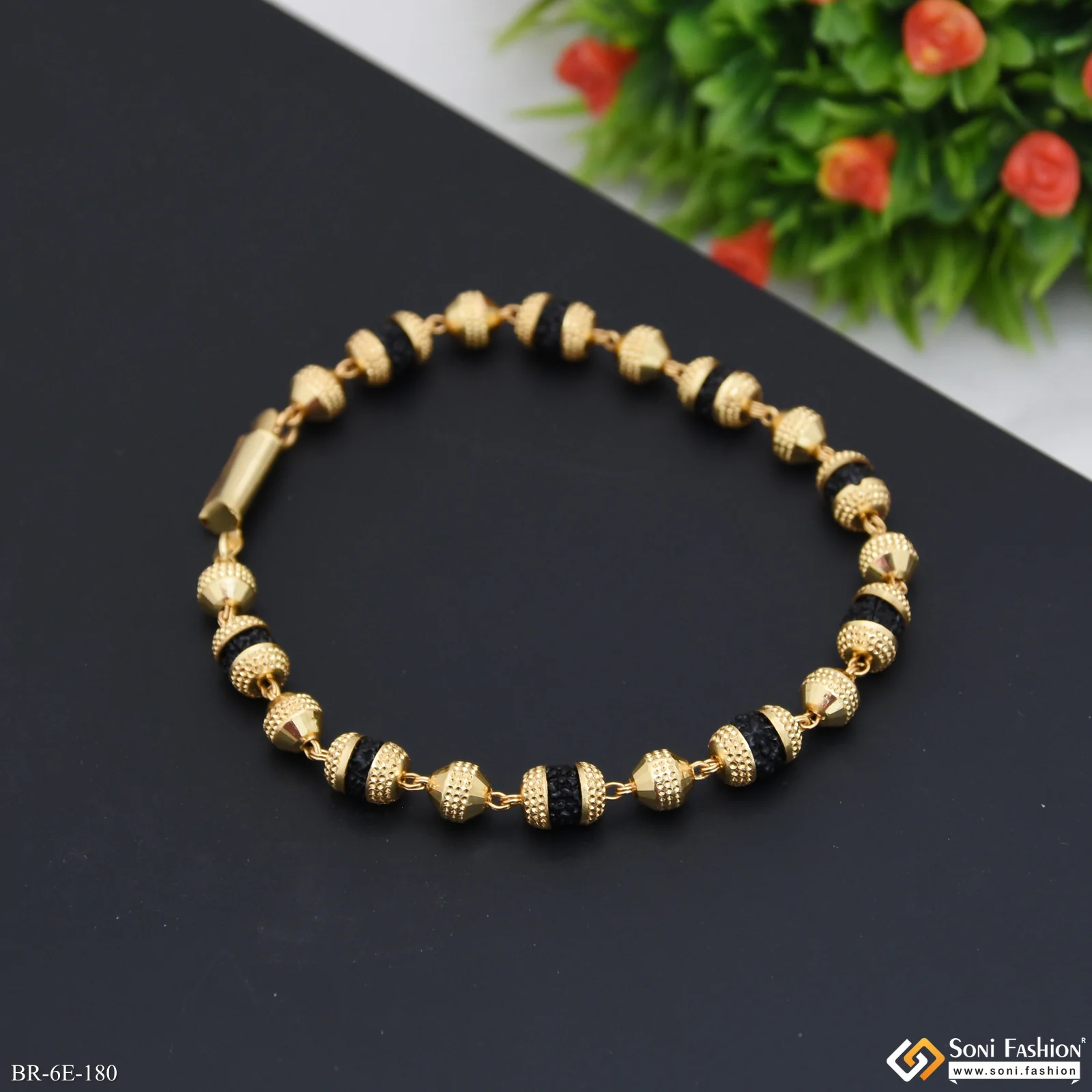 Delicate Design Gold Plated Rudraksha Bracelet for Men - Style E180 - Image 4
