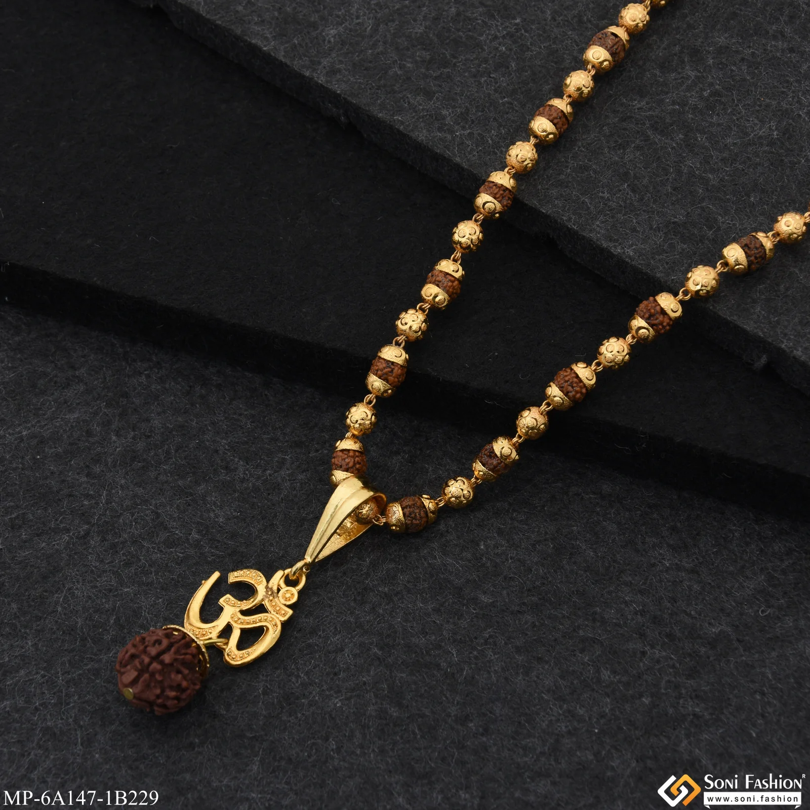 Delicate Design Gold Plated Rudraksha Mala with Pendant for Men (MP-A147-B229) - Image 3