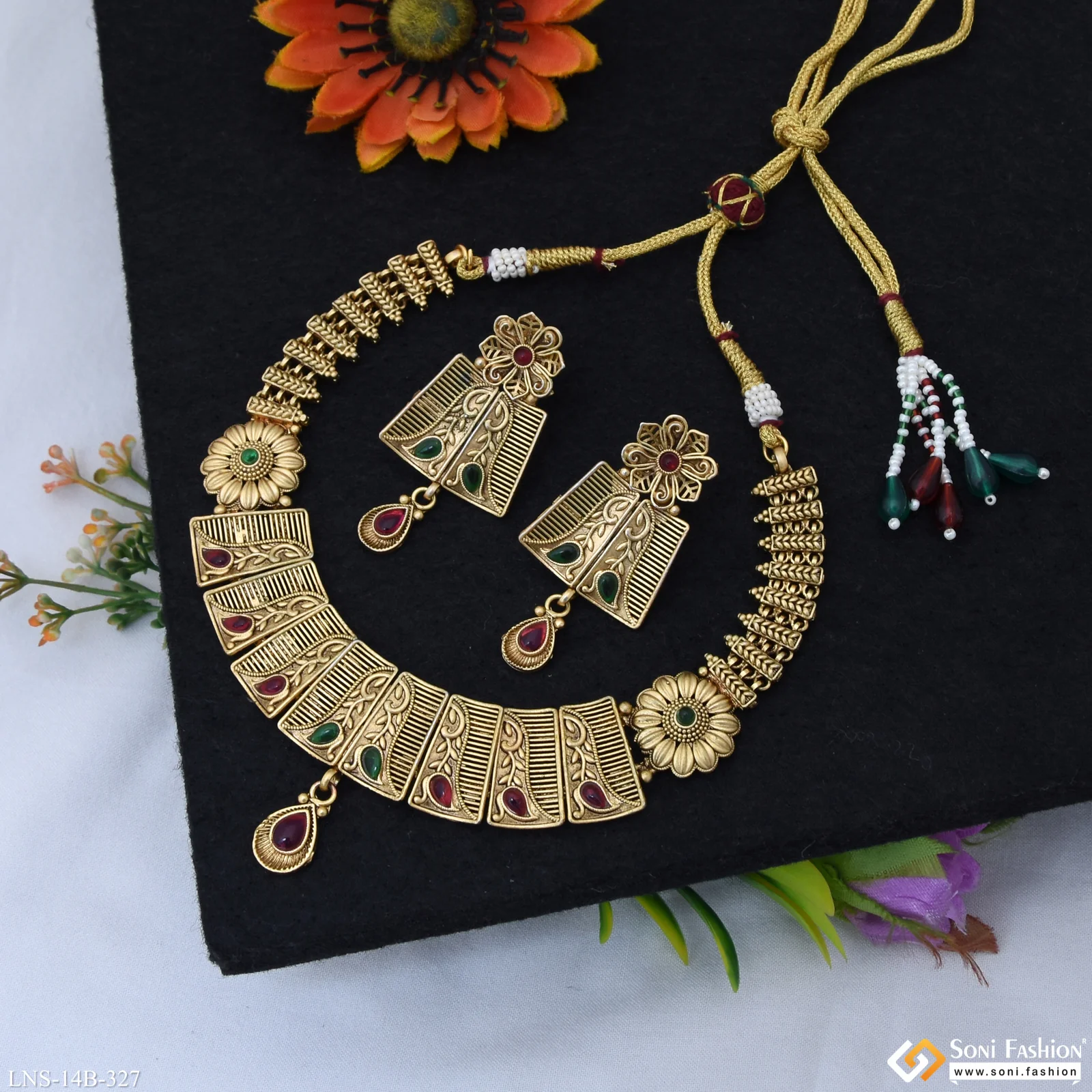 Designer Gold Plated Antique Necklace Set for Women - Style B327 - Image 3