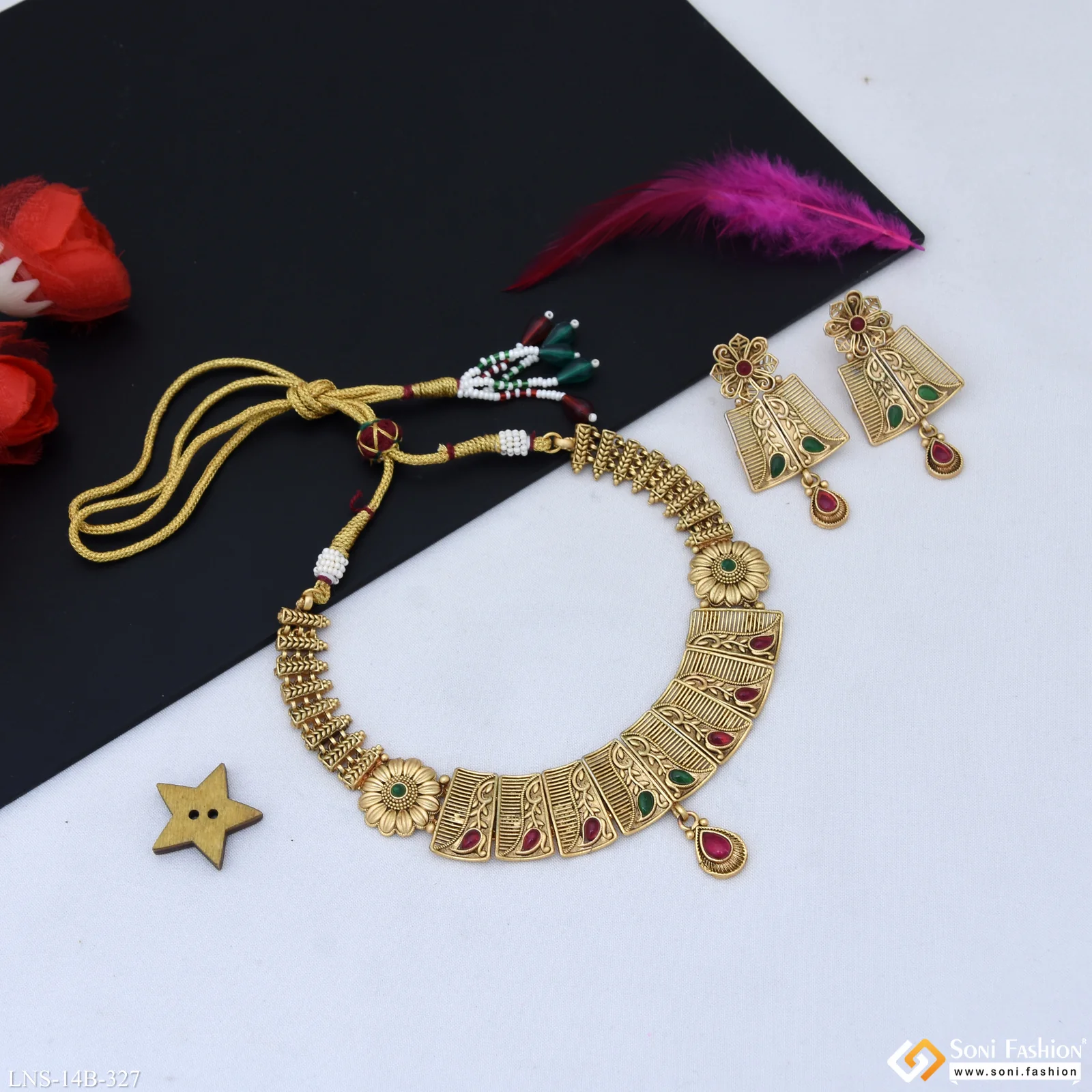 Designer Gold Plated Antique Necklace Set for Women - Style B327 - Image 5