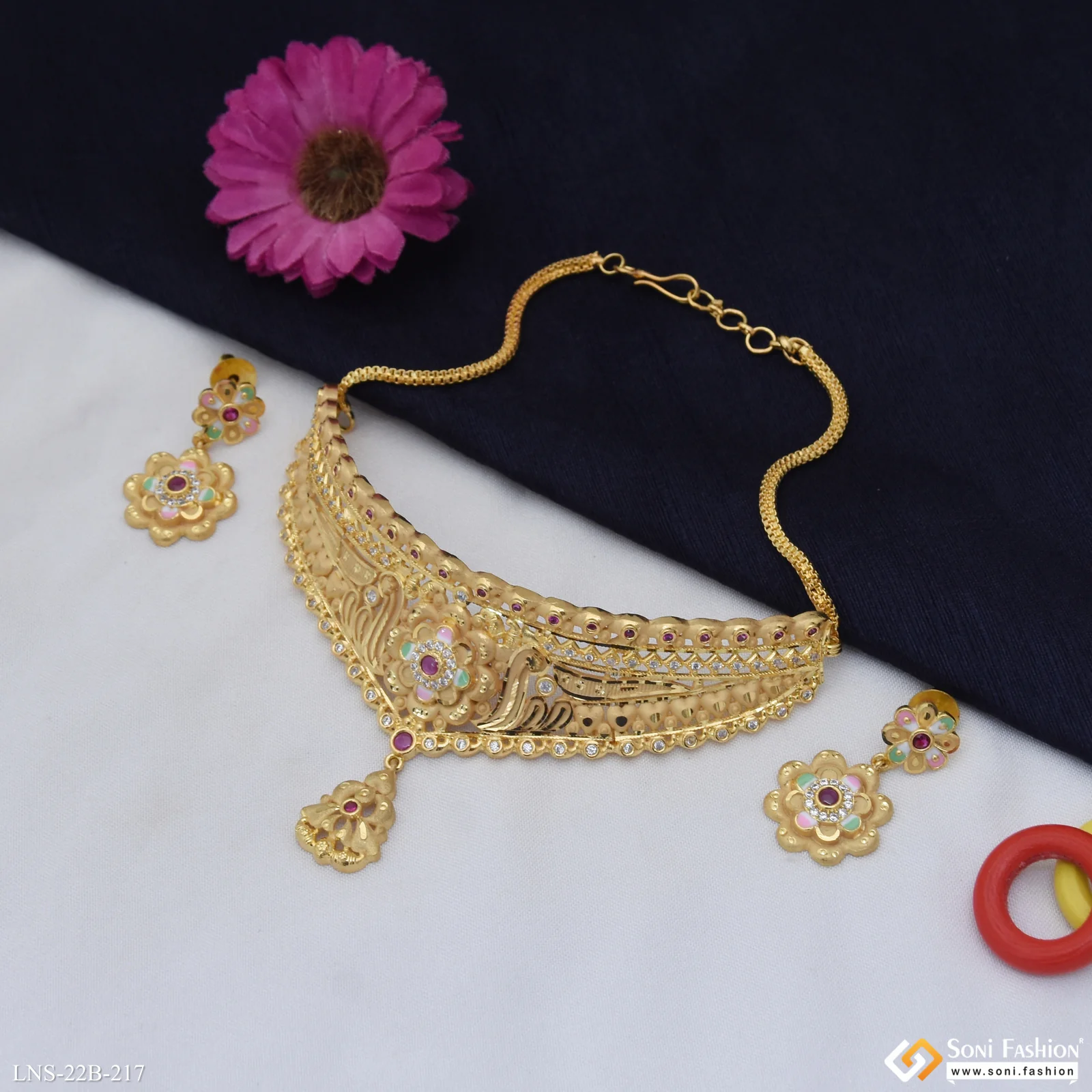 Designer Gold Plated Choker Necklace Set for Ladies - Style B217 - Image 3