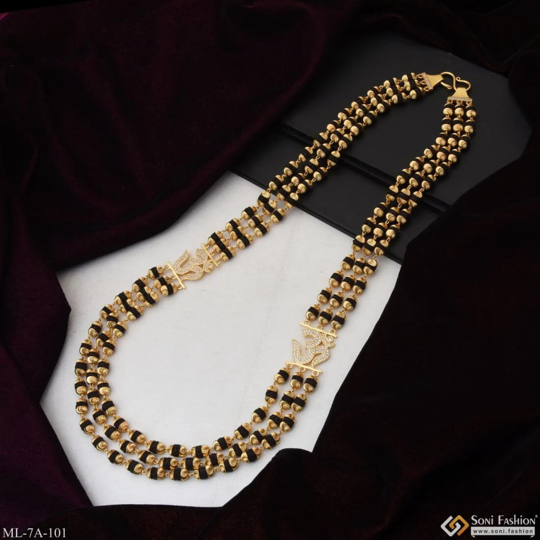 Gold Plated Black Rudraksha Mala with Big OM Rudraksha Pendant with Diamonds - Style A101 - Image 4