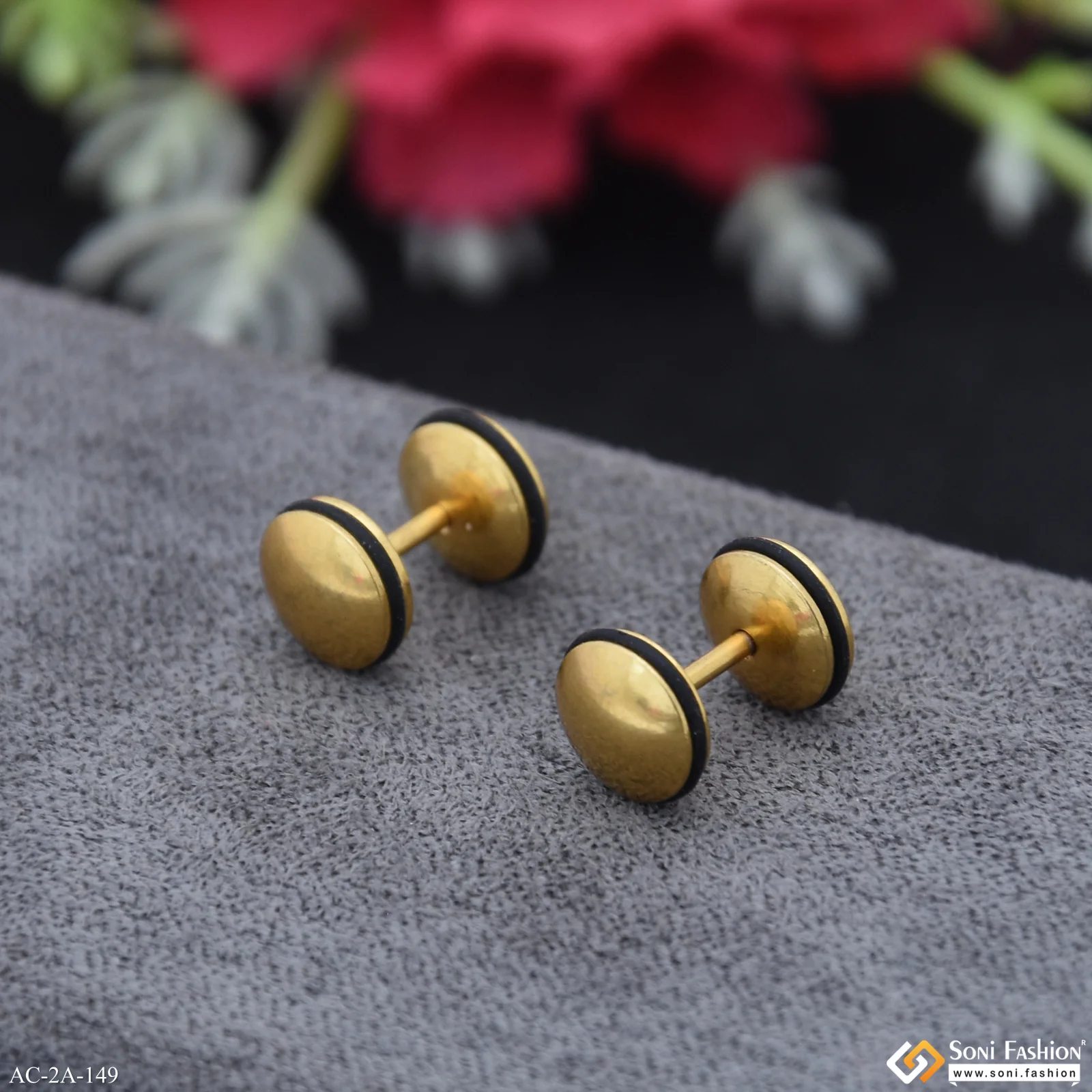 Dumbell Trending Design Golden Color Stud Earring for Men (2 Pc) - Style A149 - Image 3