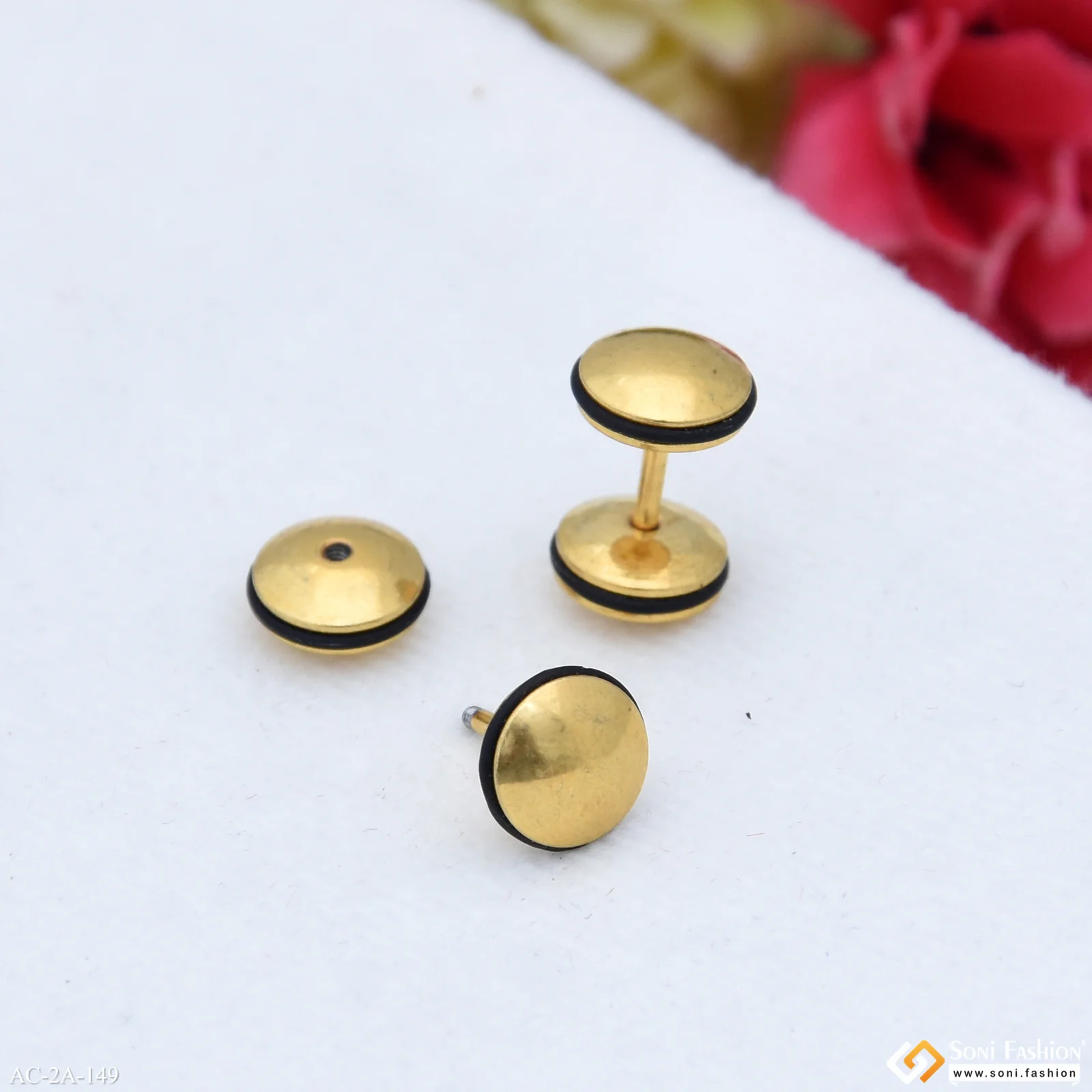 Dumbell Trending Design Golden Color Stud Earring for Men (2 Pc) - Style A149 - Image 4