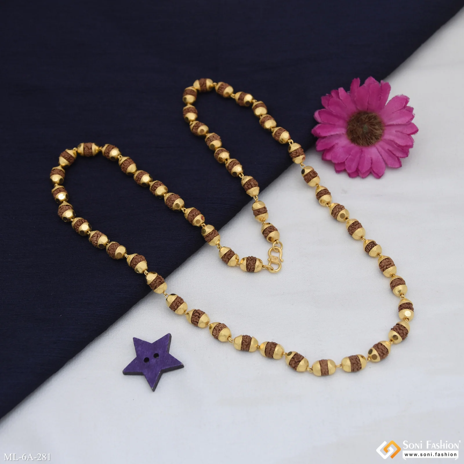Etched Design Gold Plated Rudraksha Mala for Men - Style A281 - Image 5