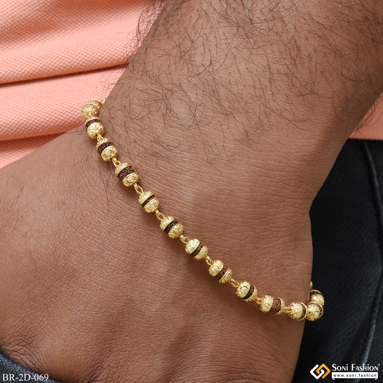 Etched Design High-Quality Gold Plated Rudraksha Bracelet for Men - Style D069