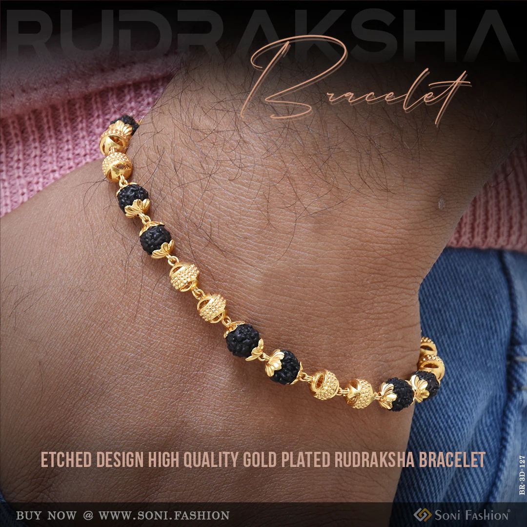 Etched Design High-Quality Gold Plated Rudraksha Bracelet for Men - Style D127