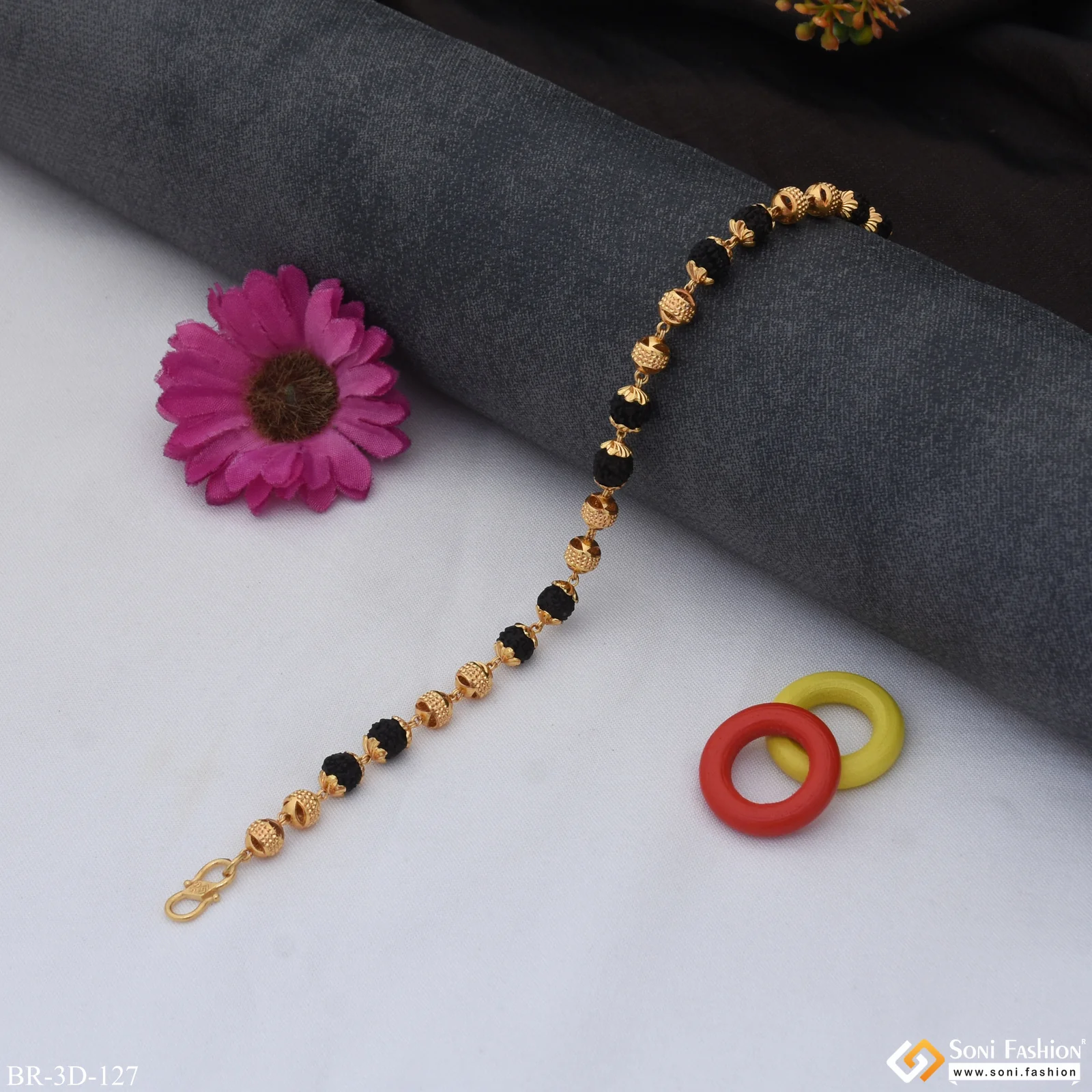 Etched Design High-Quality Gold Plated Rudraksha Bracelet for Men - Style D127 - Image 2