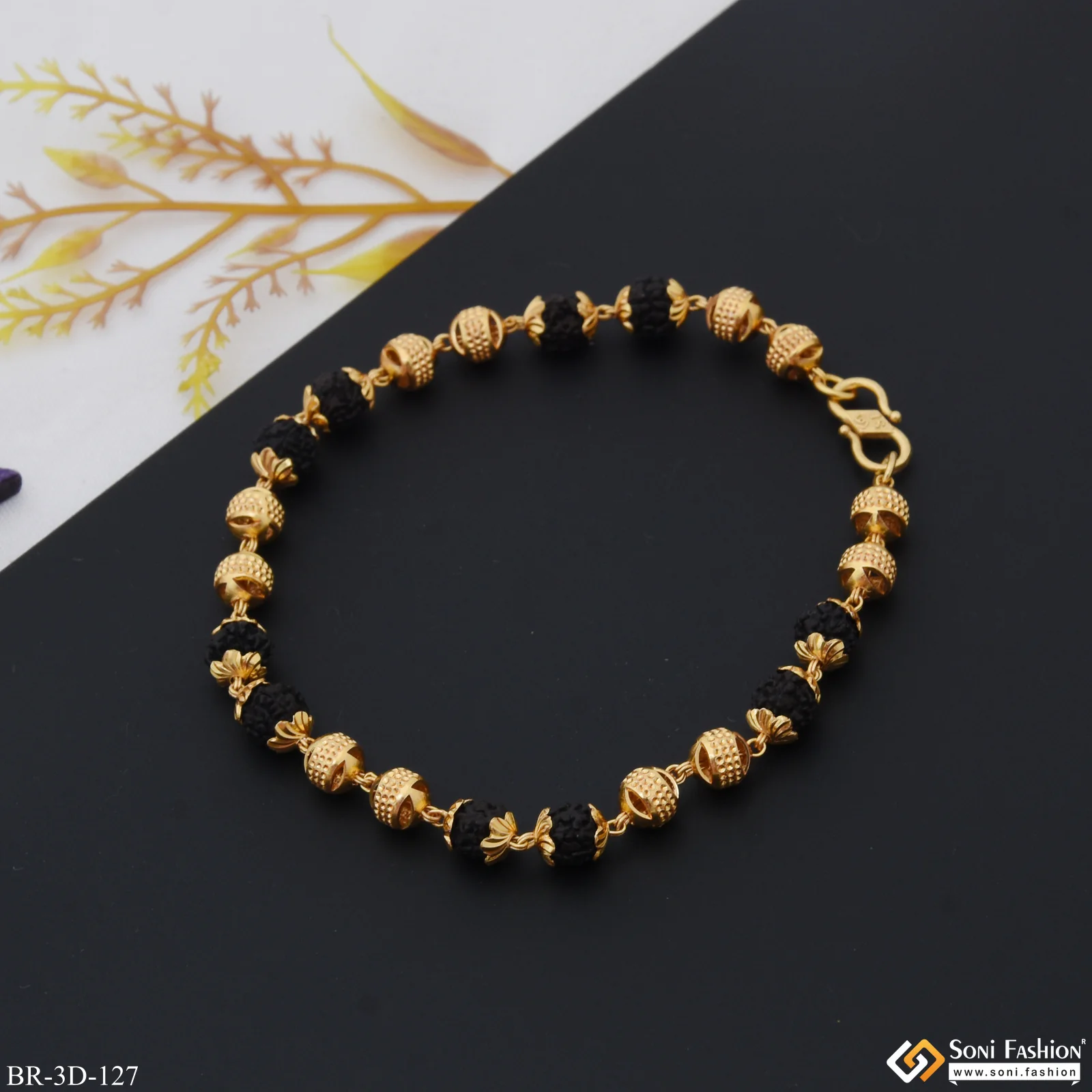 Etched Design High-Quality Gold Plated Rudraksha Bracelet for Men - Style D127 - Image 3