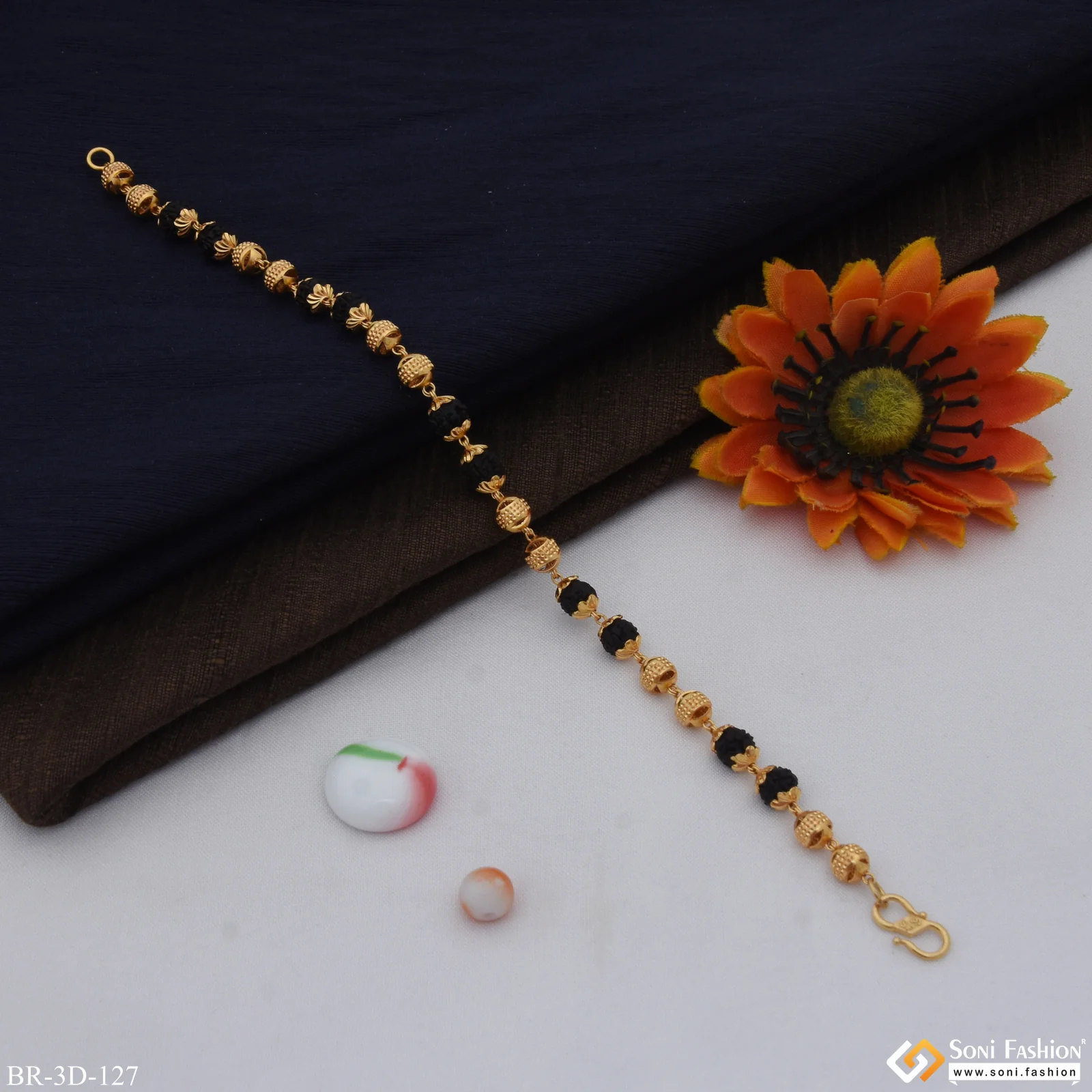 Etched Design High-Quality Gold Plated Rudraksha Bracelet for Men - Style D127 - Image 4