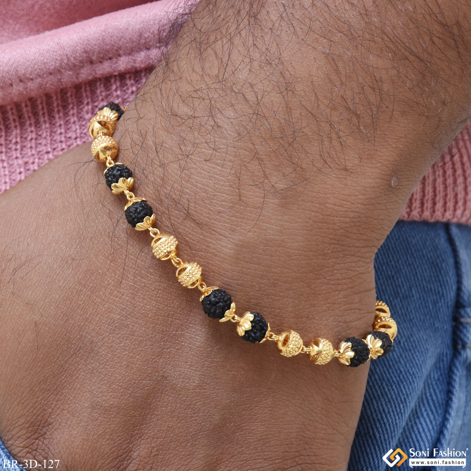 Etched Design High-Quality Gold Plated Rudraksha Bracelet for Men - Style D127 - Image 6